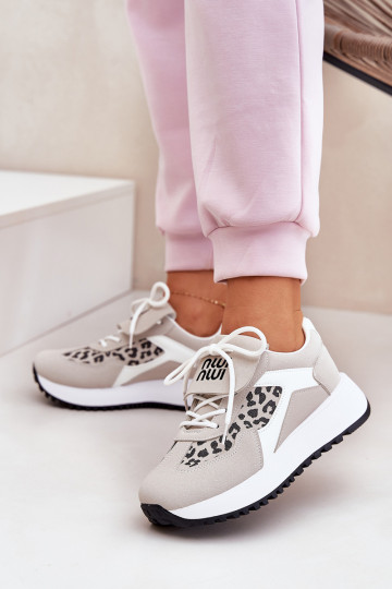 Scarpe sportive sneakers donna con piattaforma con stampa leopardata bianche e sabbia Pumbes