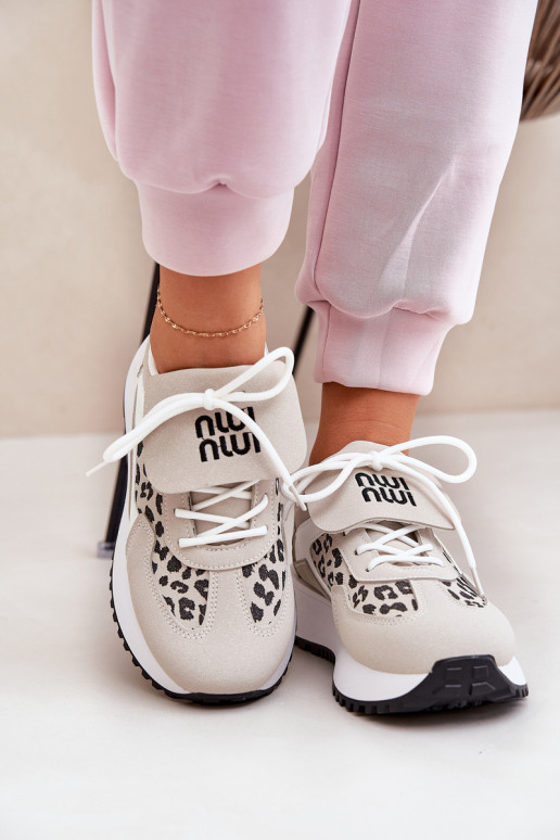 scarpe da ginnastica Scarpe modello sneakers Femminile con una piattaforma con motivi di pelliccia di leopardo Bianco-beige Pumb