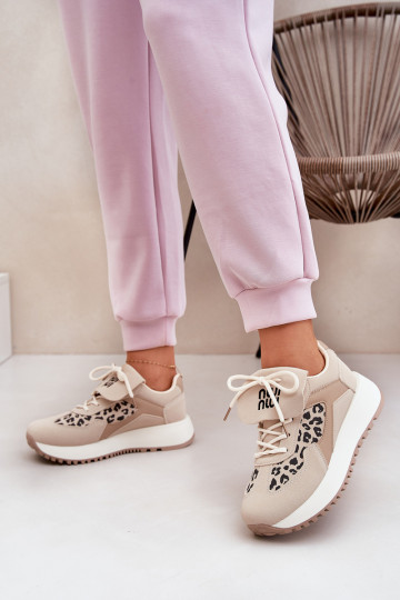 Scarpe sportive sneakers donna con piattaforma con stampa leopardata color sabbia Pumbes