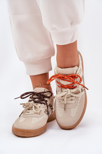 Scarpe sneakers donna con chiusura a lacci e stampa leopardata color sabbia Ollabes