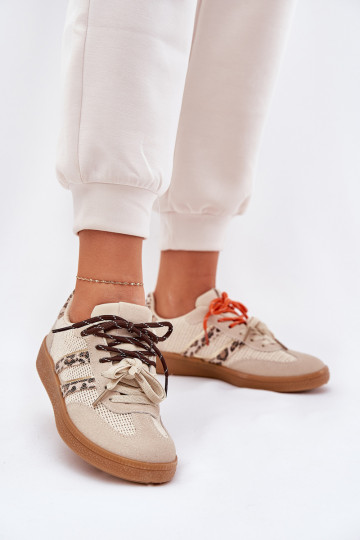 Scarpe sneakers donna con chiusura a lacci e stampa leopardata color sabbia Ollabes 2