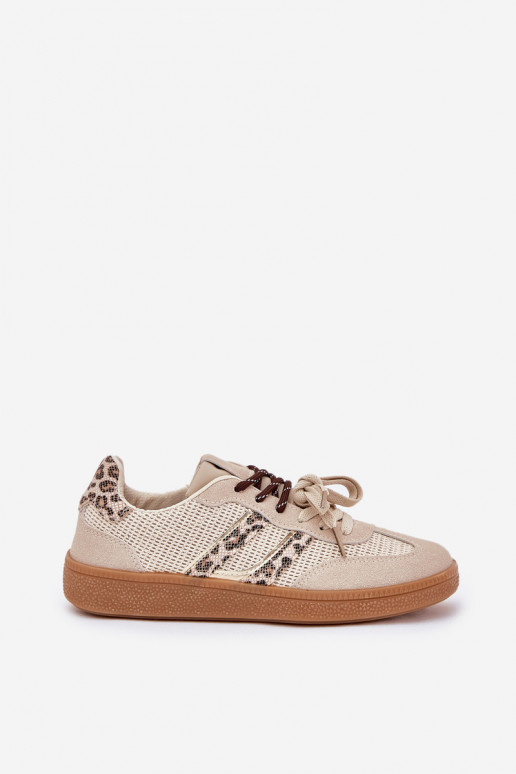 Scarpe modello sneakers Femminile Z PodAójnym Allacciaturam con motivi di pelliccia di leopardo beige Ollabes