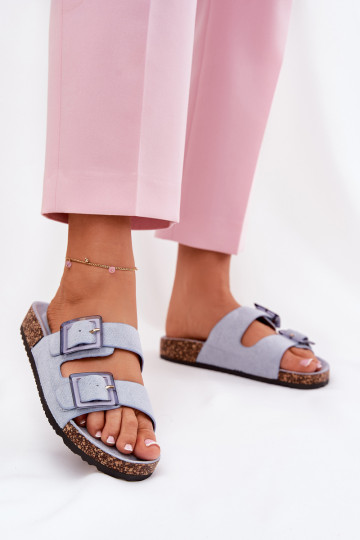 Pantofole da donna con fibbie Su suola in sughero colore blu con i cuorile