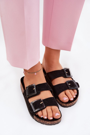 Pantofole da donna con fibbie Su suola in sughero colore nero con i cuorile