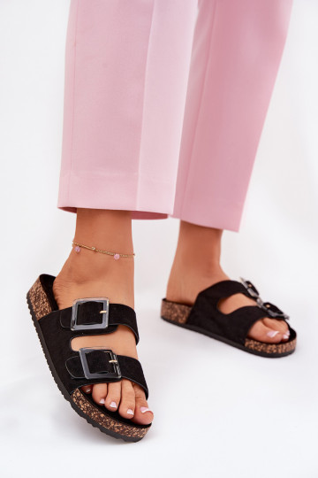 Pantofole da donna con fibbie Su suola in sughero colore nero con i cuorile 2
