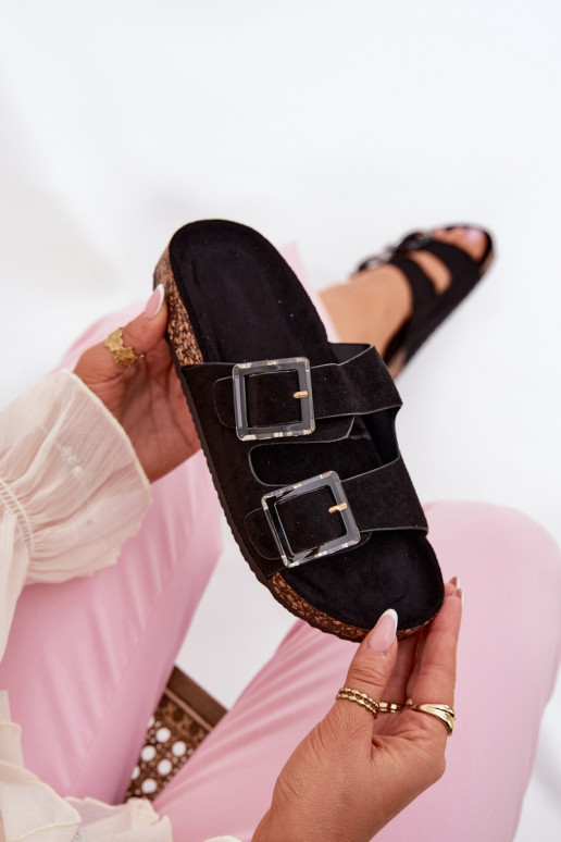 Pantofole da donna con fibbie Su suola in sughero colore nero con i cuorile