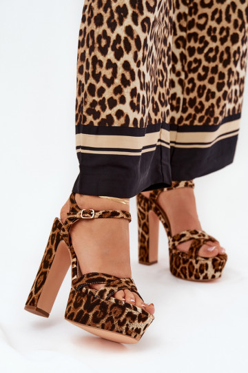 Sandali donna con tacco alto e piattaforma con motivo in pelliccia di leopardo color marrone Jovenes