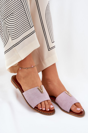 Pantofole da donna con tacchi larghi Con decorazionii Detalami Colore viola Saliena