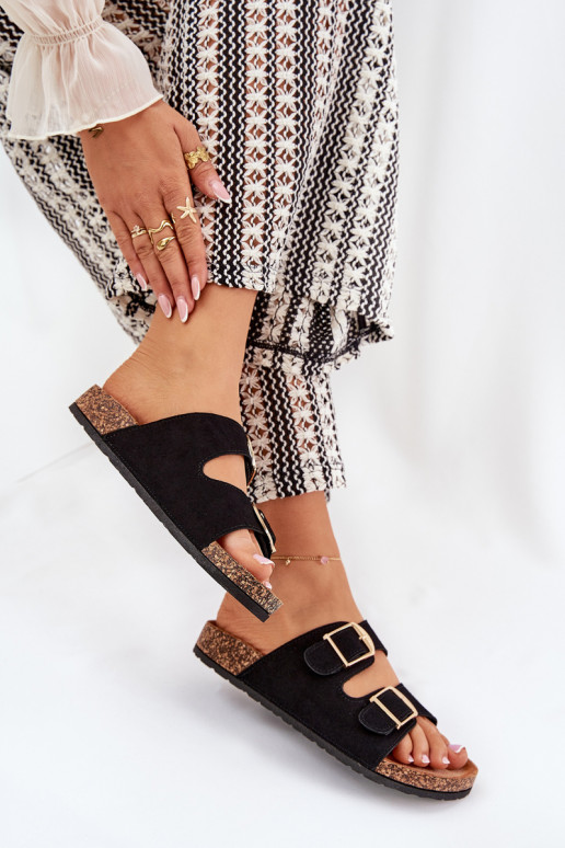 Pantofole da donna con una piattaforma Ze colore doratomi con fibbiemi colore nero Lisavionea