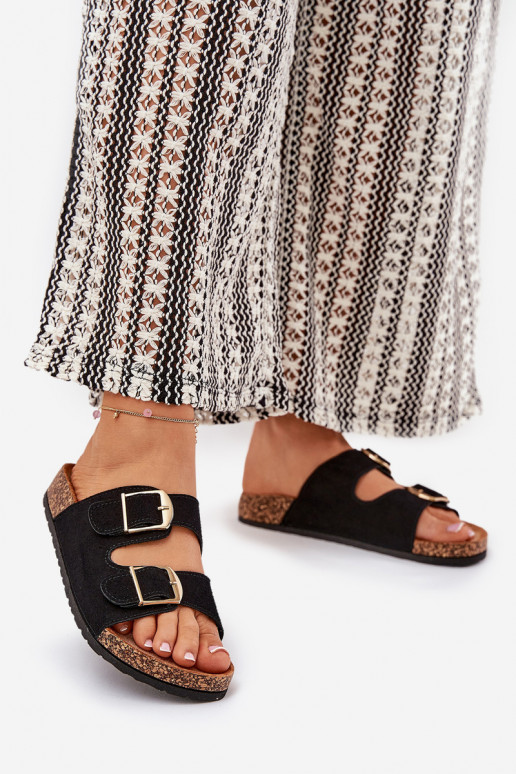 Pantofole da donna con una piattaforma Ze colore doratomi con fibbiemi colore nero Lisavionea