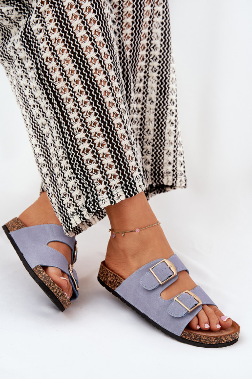 Pantofole da donna con una piattaforma Ze colore doratomi con fibbiemi colore blu Lisavionea