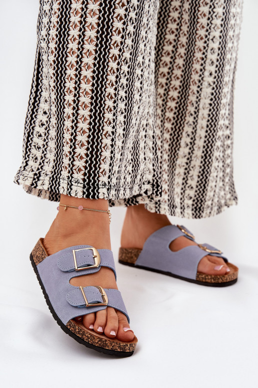 Pantofole da donna con una piattaforma Ze colore doratomi con fibbiemi colore blu Lisavionea