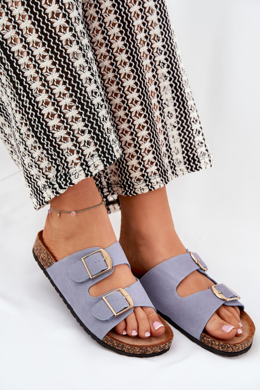 Pantofole da donna con una piattaforma Ze colore doratomi con fibbiemi colore blu Lisavionea