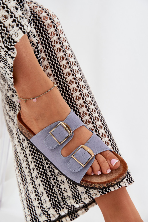 Pantofole da donna con una piattaforma Ze colore doratomi con fibbiemi colore blu Lisavionea