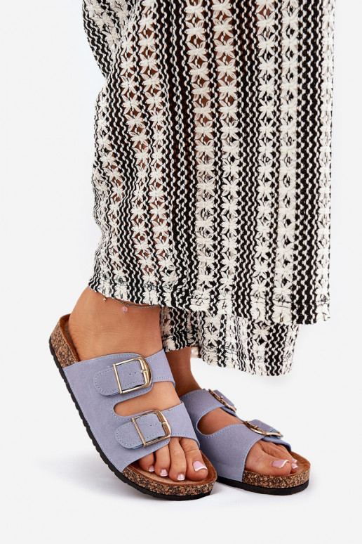 Pantofole da donna con una piattaforma Ze colore doratomi con fibbiemi colore blu Lisavionea