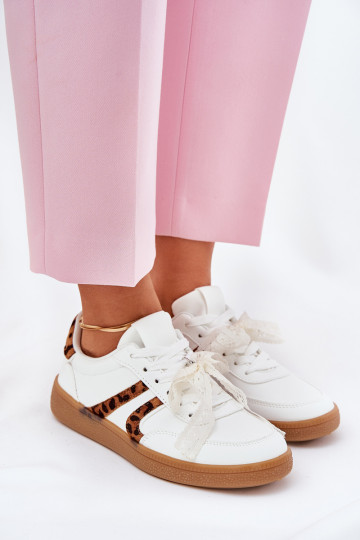 Scarpe sneakers basse da donna con lacci e stampa in pelo di leopardo color bianco Zielle