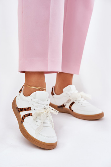 Scarpe sneakers basse da donna con lacci e stampa in pelo di leopardo color bianco Zielle 2