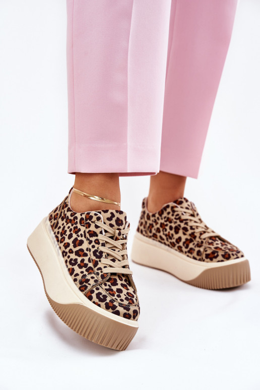 Scarpe modello sneakers con una piattaforma con motivi di pelliccia di leopardo colore marrone Tirvanis