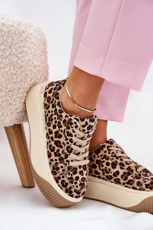 Scarpe modello sneakers con una piattaforma con motivi di pelliccia di leopardo colore marrone Tirvanis