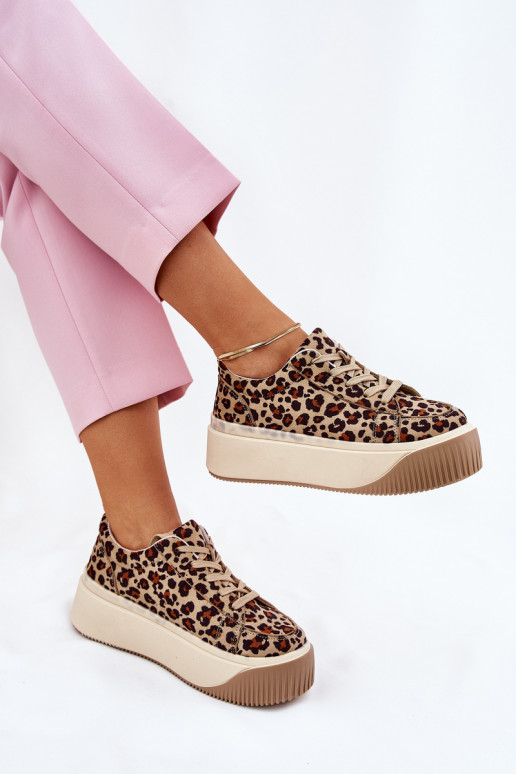 Scarpe modello sneakers con una piattaforma con motivi di pelliccia di leopardo colore marrone Tirvanis