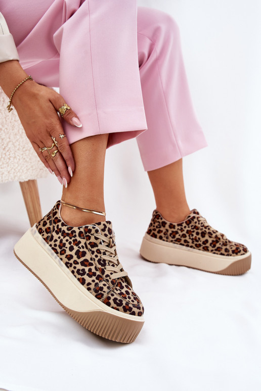 Scarpe modello sneakers con una piattaforma con motivi di pelliccia di leopardo colore marrone Tirvanis