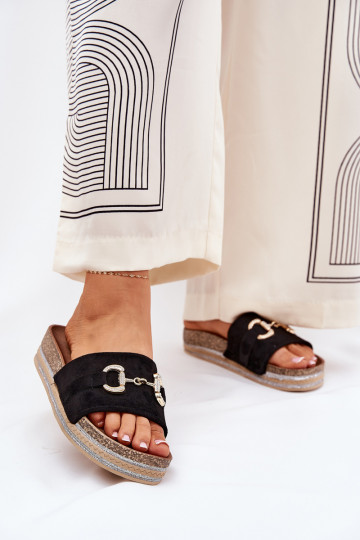 Pantofole da donna con una piattaforma con dettagli dorati E glitter colore nero Morisela