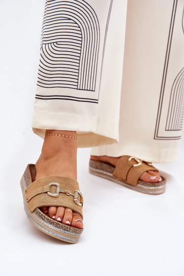 Pantofole da donna con una piattaforma con dettagli dorati E glitter colore marrone Morisela