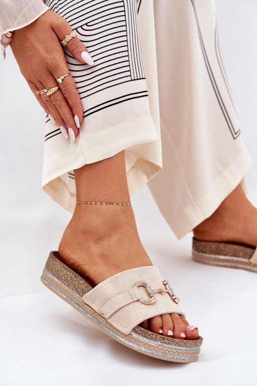 Pantofole da donna con una piattaforma con dettagli dorati E glitter beige Morisela