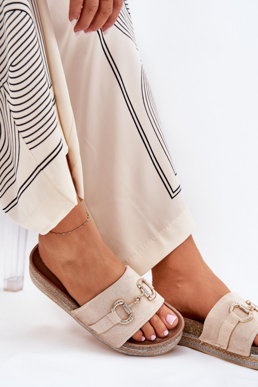 Pantofole da donna con una piattaforma con dettagli dorati E glitter beige Morisela