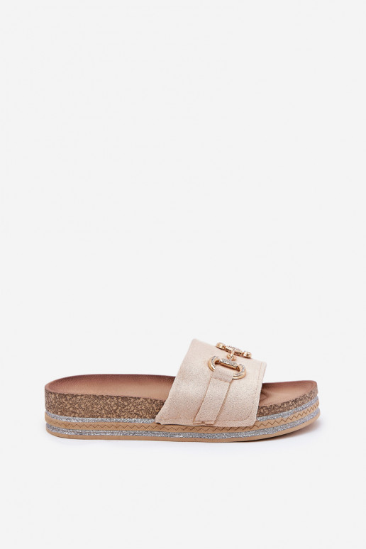 Pantofole da donna con una piattaforma con dettagli dorati E glitter beige Morisela