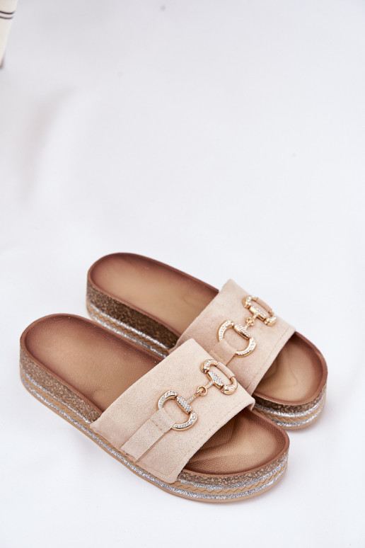 Pantofole da donna con una piattaforma con dettagli dorati E glitter beige Morisela