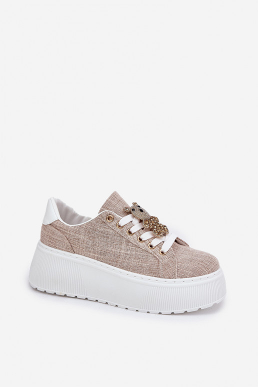 Scarpe modello sneakers con una piattaforma Z Przypinką Orsi di peluche S.Barski BF51-014 beige