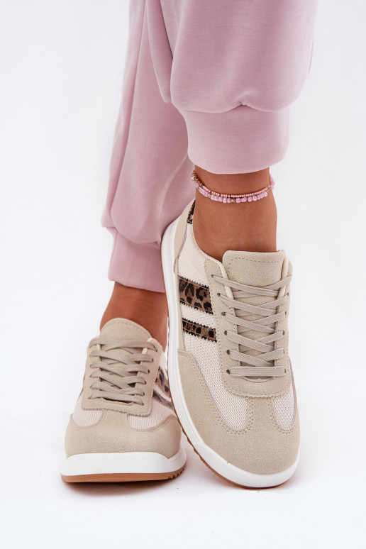 Scarpe modello sneakers Femminile Z in ecopelle scamosciatau con motivi di pelliccia di leopardo beige Deverinils
