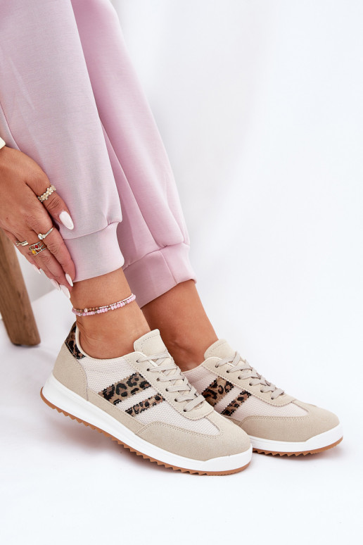 Scarpe modello sneakers Femminile Z in ecopelle scamosciatau con motivi di pelliccia di leopardo beige Deverinils