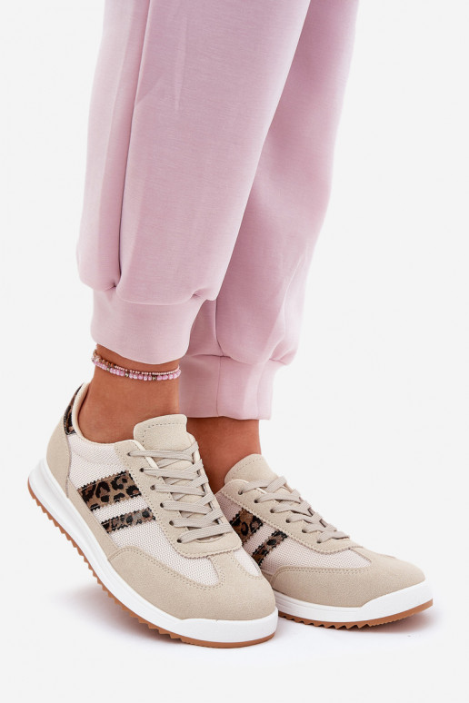 Scarpe modello sneakers Femminile Z in ecopelle scamosciatau con motivi di pelliccia di leopardo beige Deverinils