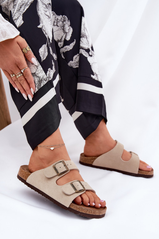 Pantofole da donna in pelle scamosciata con fibbie Big Star RR274A391 beige