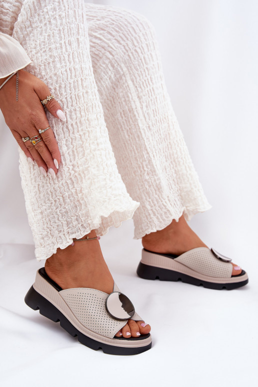 Pantofole in pelle Femminile con ornamenti S.Barski LR51-662 beige