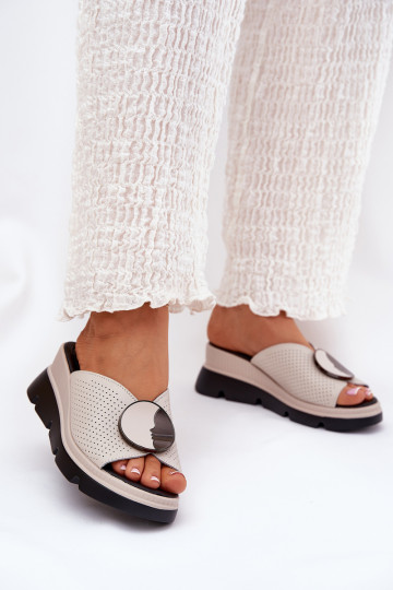Ciabatte in pelle color sabbia per donne con motivi S.Barski LR51-662 2