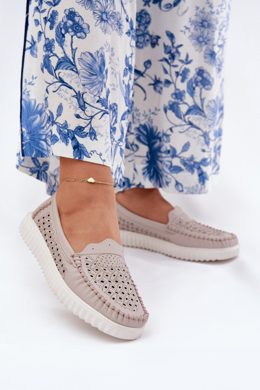 Pelle mocassini da donna con elementi traforati Vinceza 88028 beige