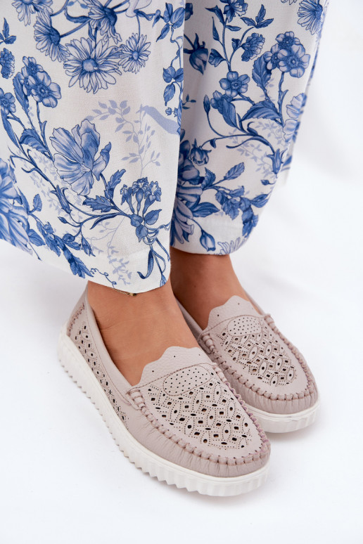 Pelle mocassini da donna con elementi traforati Vinceza 88028 beige