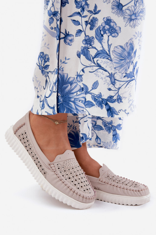 Pelle mocassini da donna con elementi traforati Vinceza 88028 beige