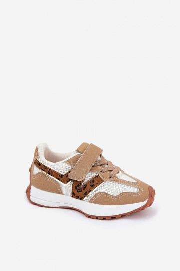 Scarpe sportive color sabbia per bambini con velcro, motivo leopardato, Tezzu
