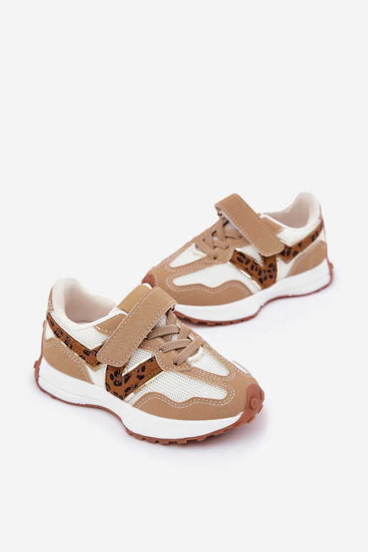 Scarpe modello sneakers Infantile con chiusure adesive con motivi di pelliccia di leopardo beige Tezzu
