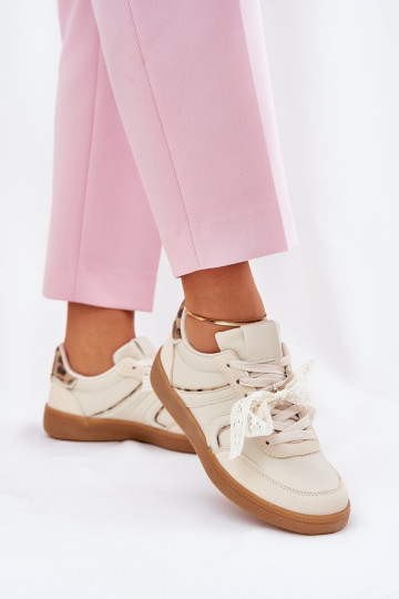 Scarpe sneakers basse da donna con lacci e stampa in pelo di leopardo color sabbia Zielle