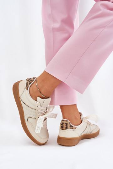 Scarpe sneakers basse da donna con lacci e stampa in pelo di leopardo color sabbia Zielle 2
