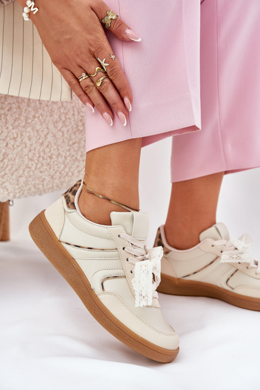 Scarpe sneakers basse da donna con lacci e stampa in pelo di leopardo color sabbia Zielle