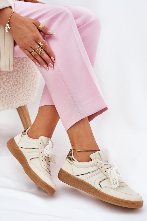 Scarpe sneakers basse da donna con lacci e stampa in pelo di leopardo color sabbia Zielle