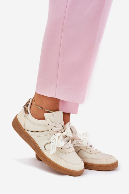 Scarpe sneakers basse da donna con lacci e stampa in pelo di leopardo color sabbia Zielle