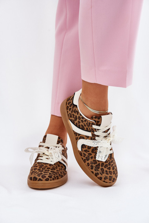 Scarpe sneakers basse da donna con lacci e stampa in pelo di leopardo color marrone Zielle