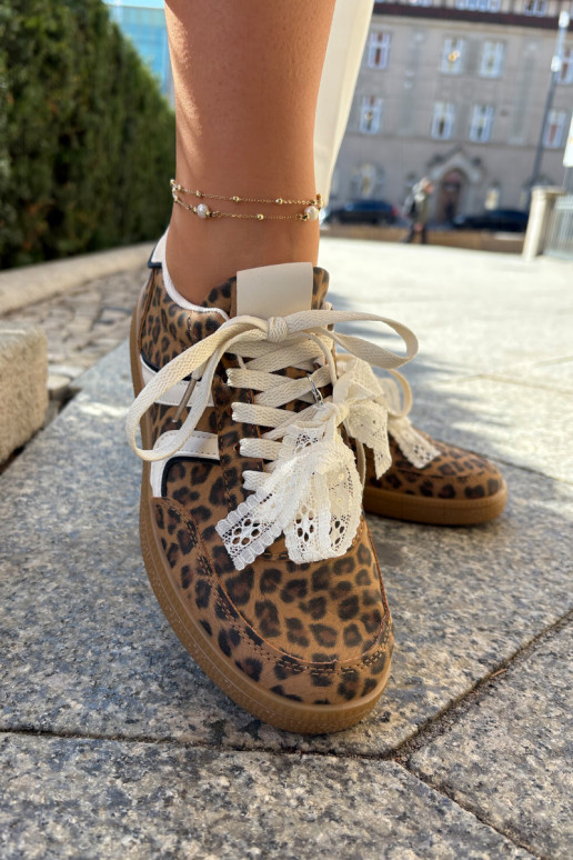Scarpe sneakers basse da donna con lacci e stampa in pelo di leopardo color marrone Zielle
